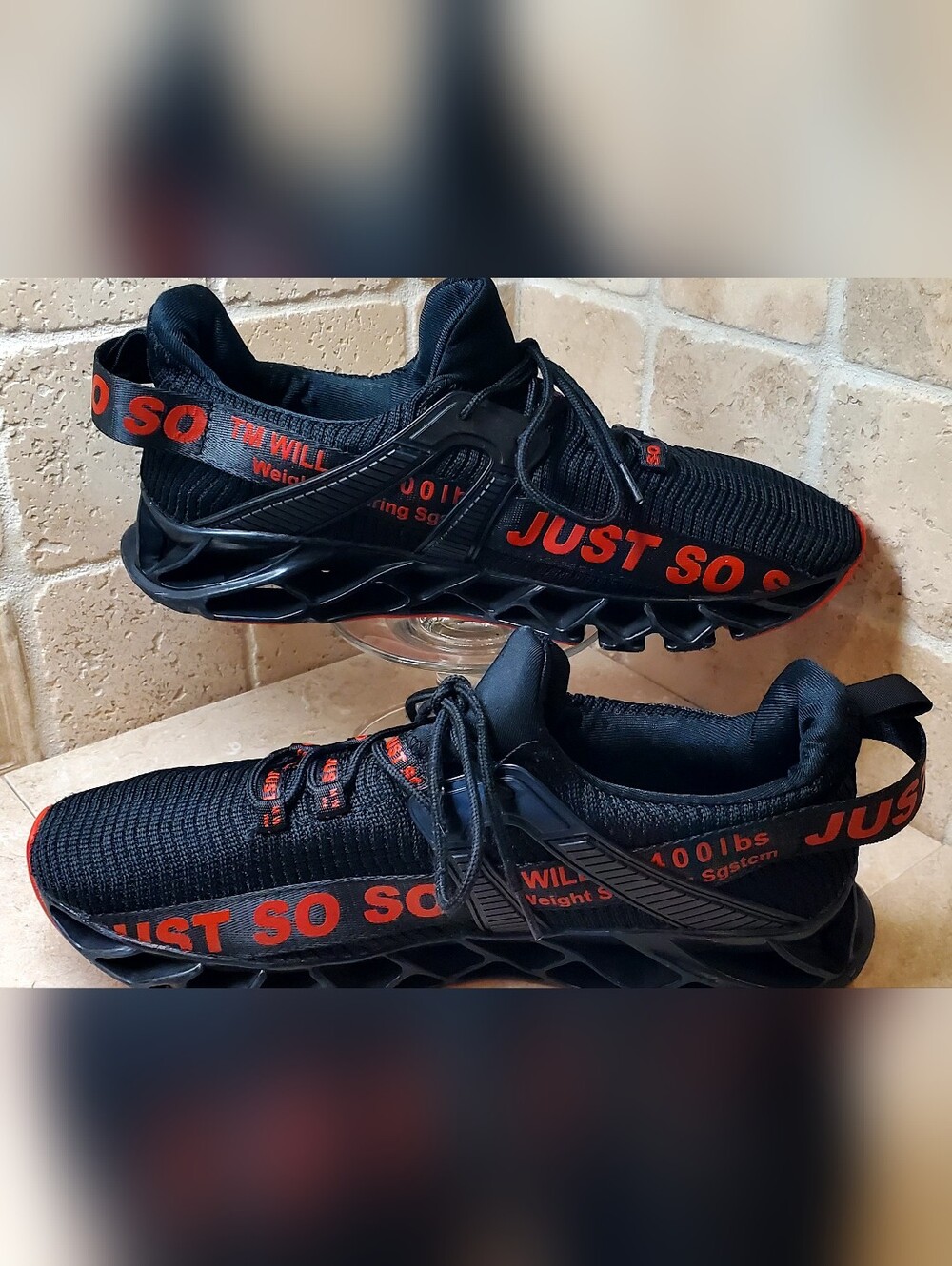 JUST SO SO Men's Black Athletic Running Shoes with Red Accents